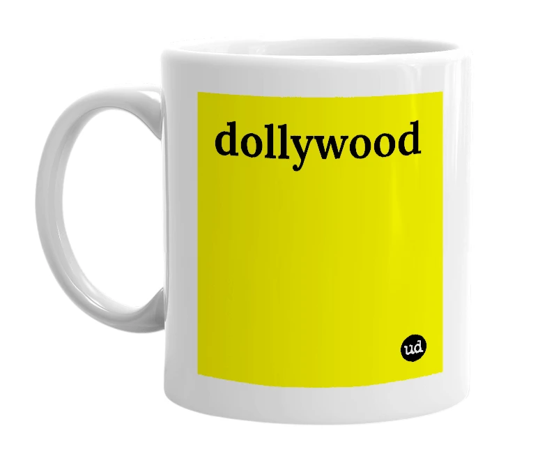 White mug with 'dollywood' in bold black letters