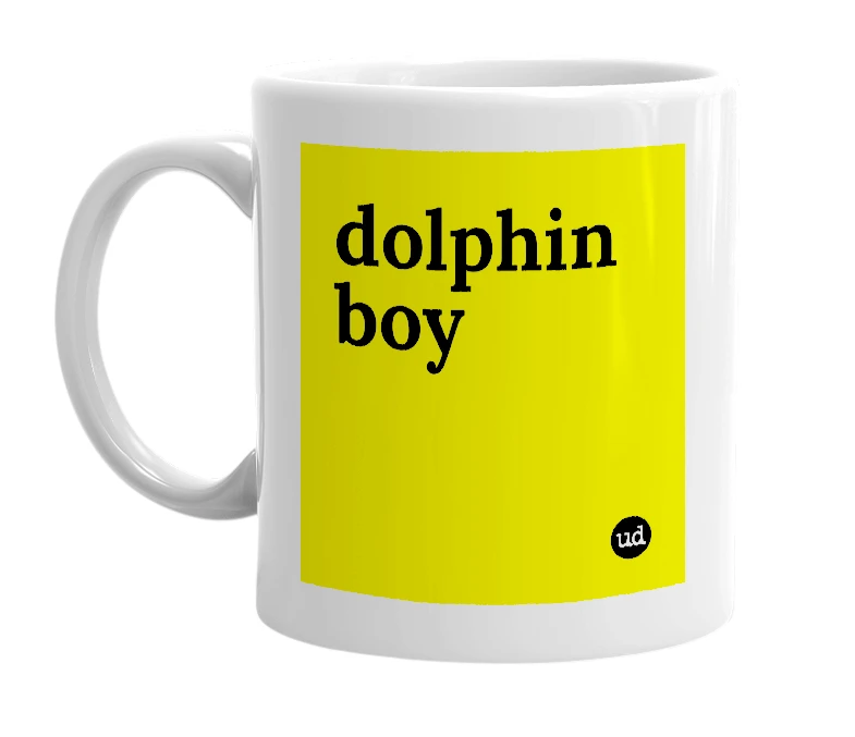 White mug with 'dolphin boy' in bold black letters