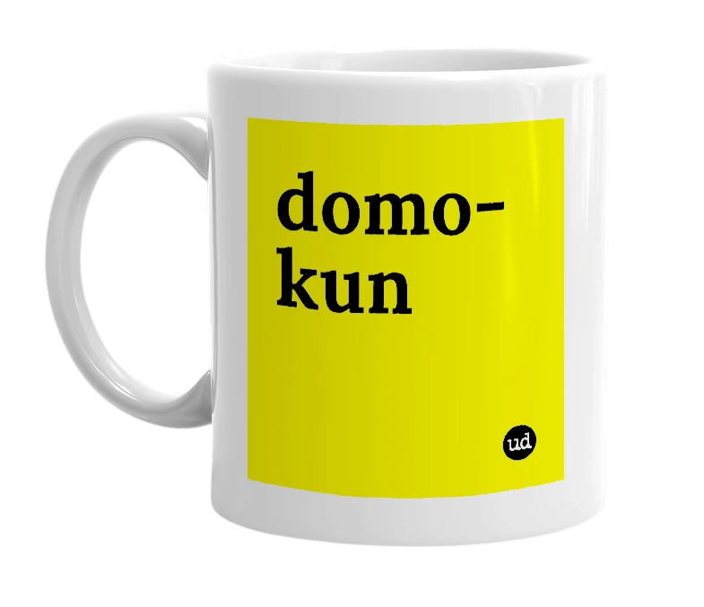 White mug with 'domo-kun' in bold black letters