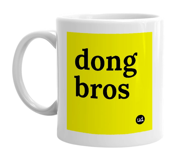 White mug with 'dong bros' in bold black letters