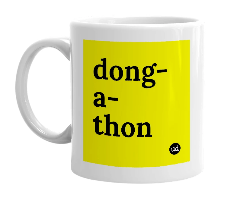 White mug with 'dong-a-thon' in bold black letters