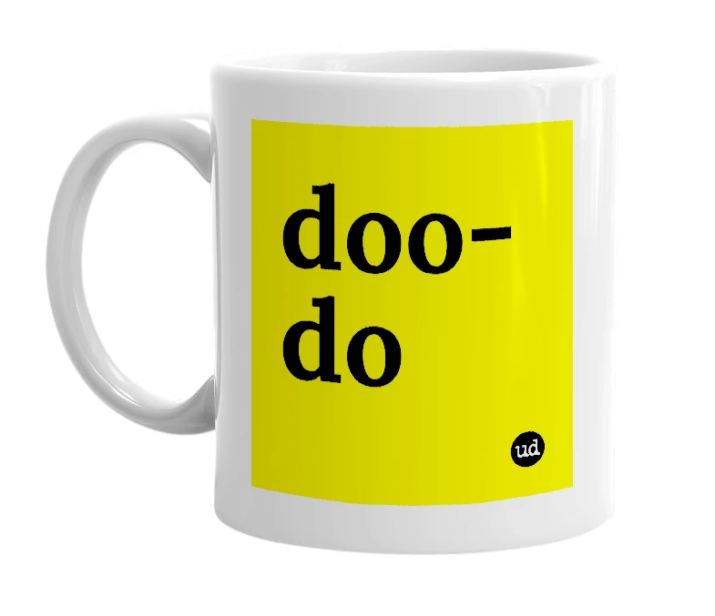 White mug with 'doo-do' in bold black letters