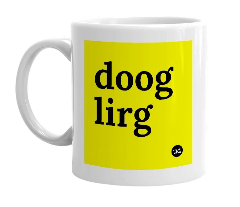 White mug with 'doog lirg' in bold black letters