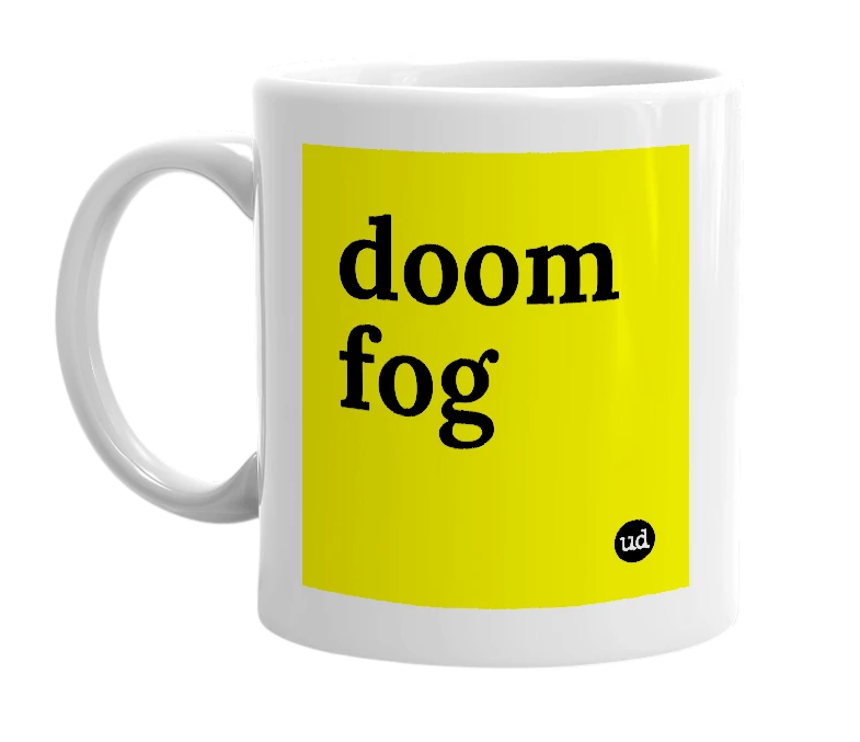 White mug with 'doom fog' in bold black letters