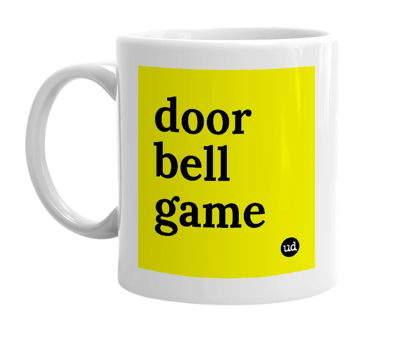 White mug with 'door bell game' in bold black letters