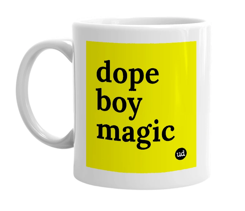 White mug with 'dope boy magic' in bold black letters