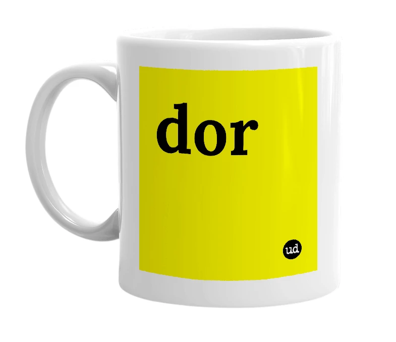 White mug with 'dor' in bold black letters