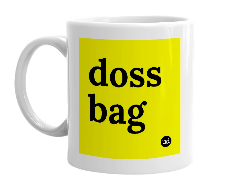 White mug with 'doss bag' in bold black letters