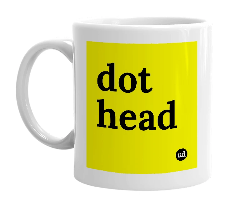 White mug with 'dot head' in bold black letters