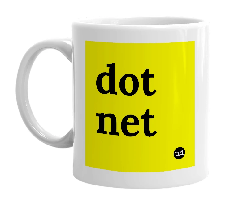 White mug with 'dot net' in bold black letters