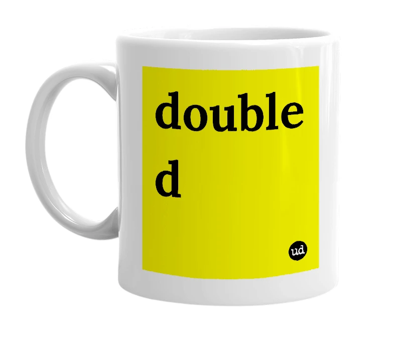 White mug with 'double d' in bold black letters
