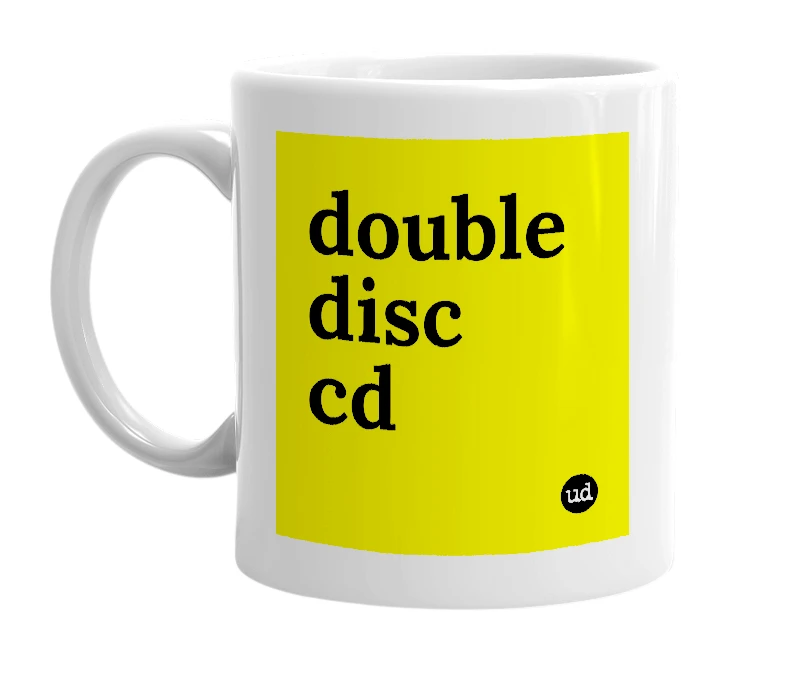 White mug with 'double disc cd' in bold black letters