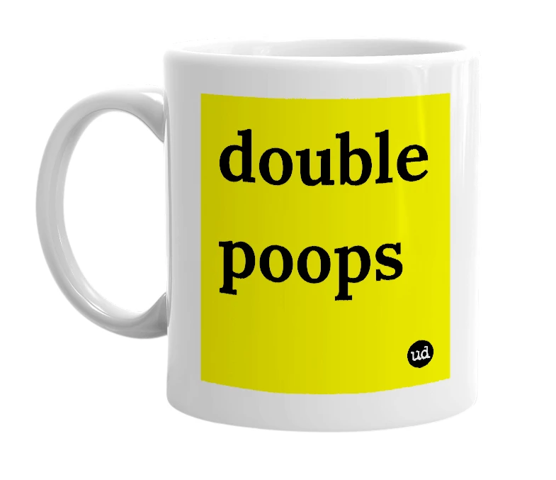 White mug with 'double poops' in bold black letters