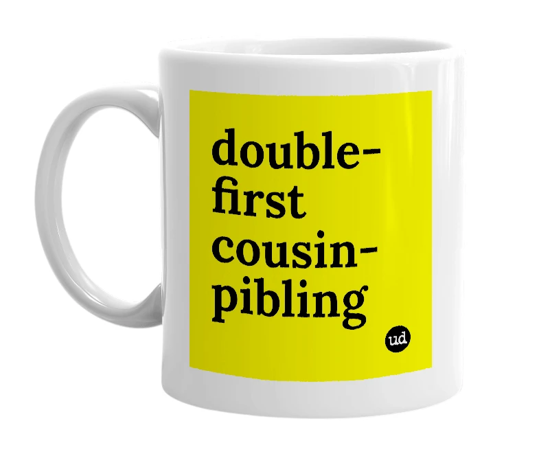 White mug with 'double-first cousin-pibling' in bold black letters