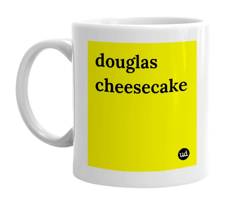 White mug with 'douglas cheesecake' in bold black letters