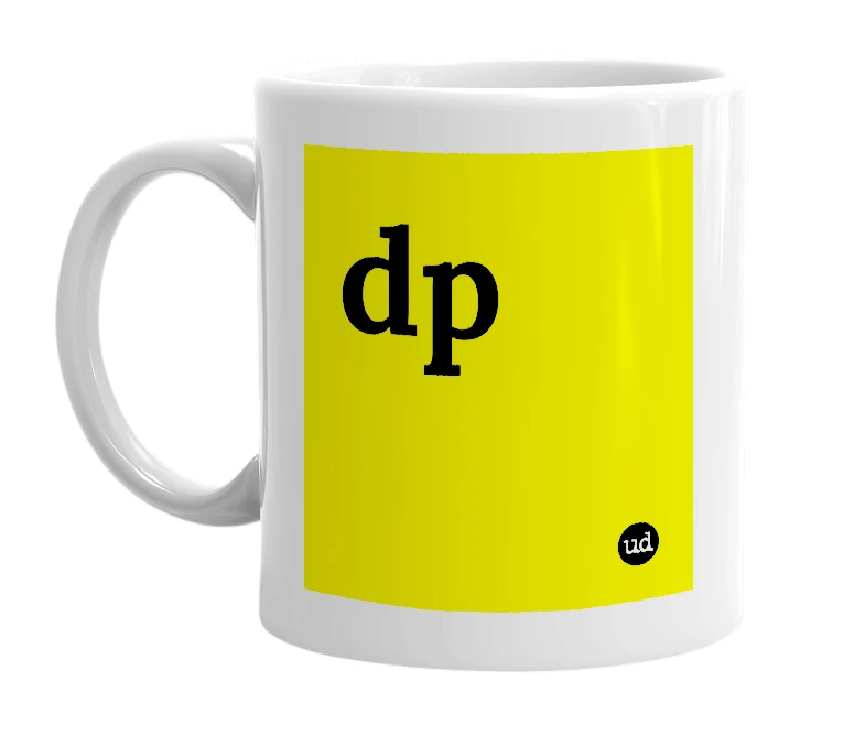 White mug with 'dp' in bold black letters