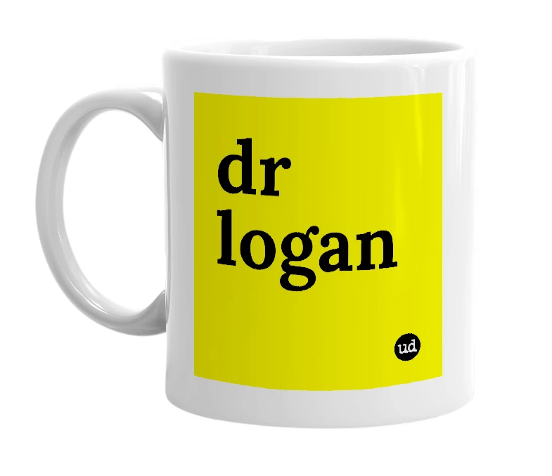 White mug with 'dr logan' in bold black letters