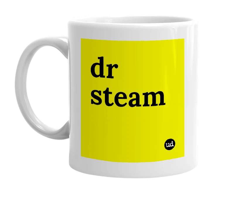 White mug with 'dr steam' in bold black letters