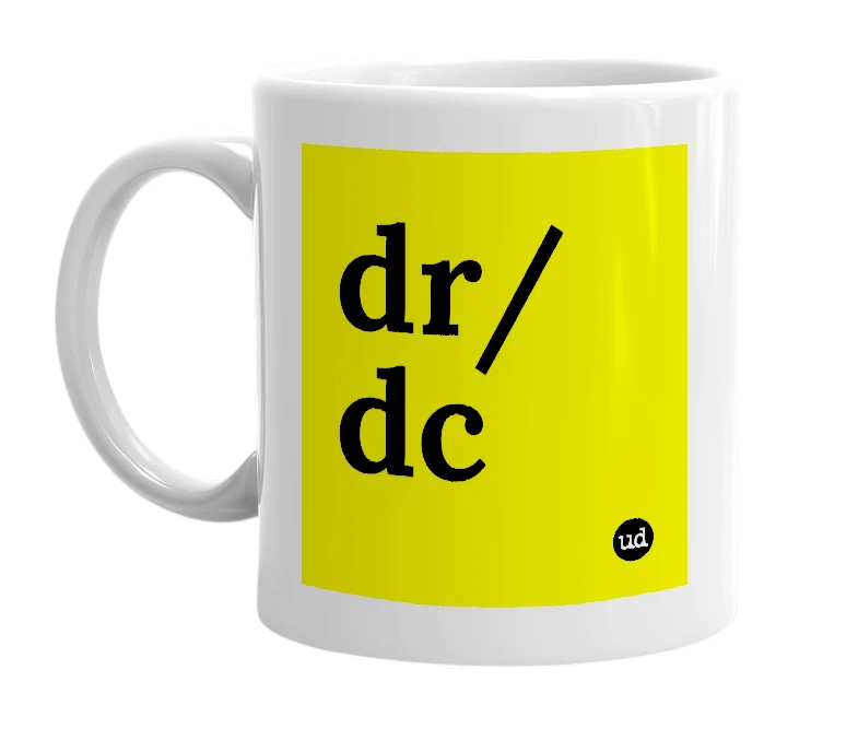 White mug with 'dr/dc' in bold black letters