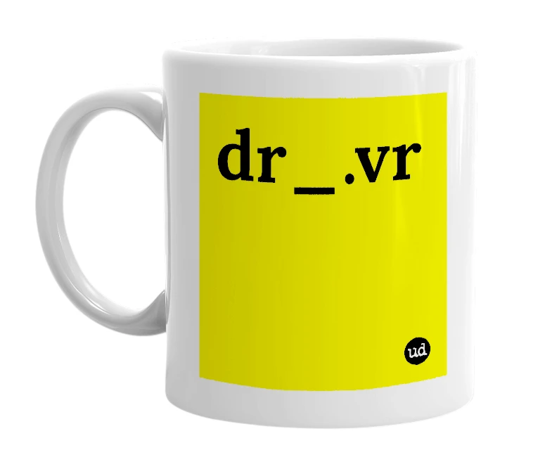 White mug with 'dr_.vr' in bold black letters