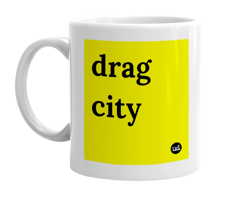 White mug with 'drag city' in bold black letters