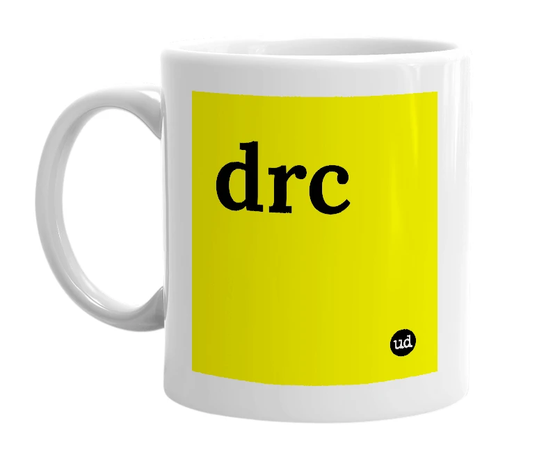 White mug with 'drc' in bold black letters