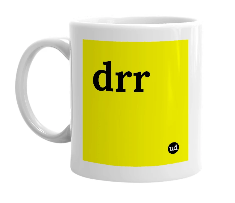 White mug with 'drr' in bold black letters