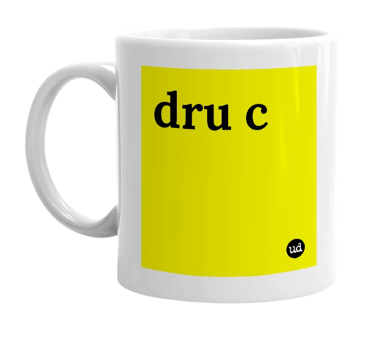 White mug with 'dru c' in bold black letters