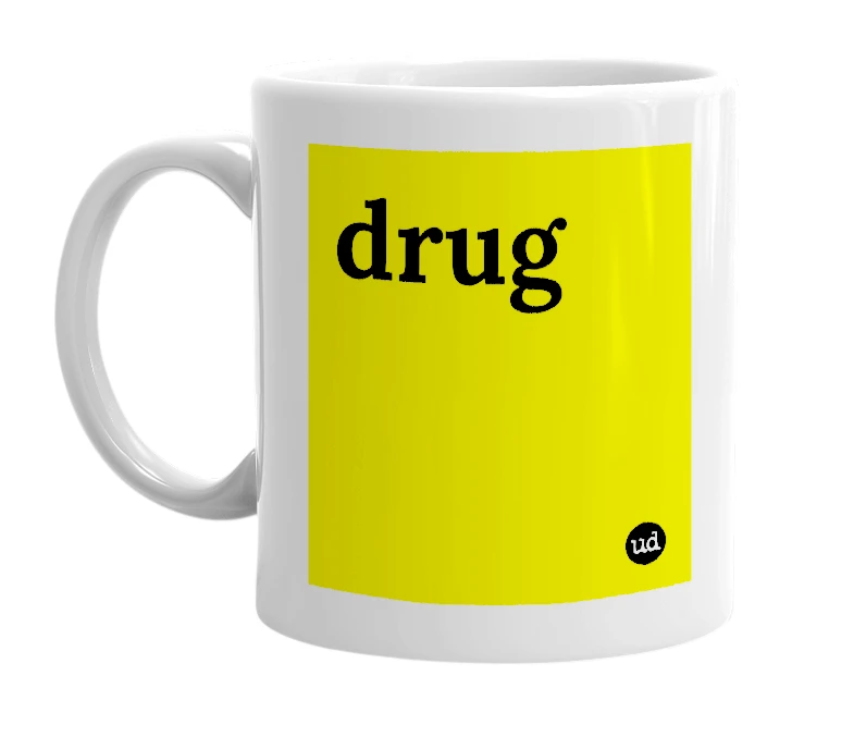 White mug with 'drug' in bold black letters