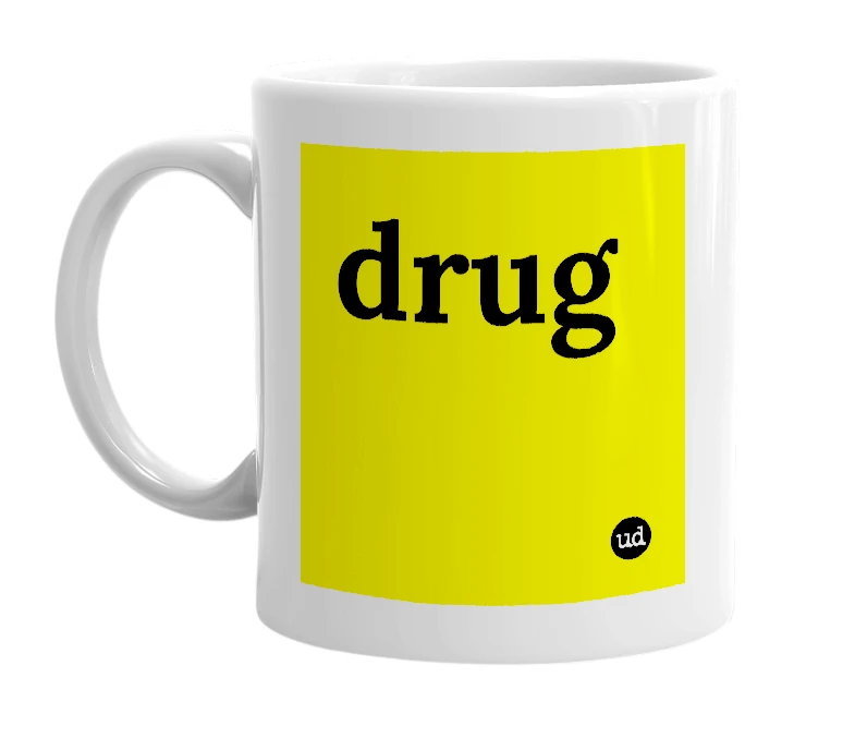 White mug with 'drug' in bold black letters