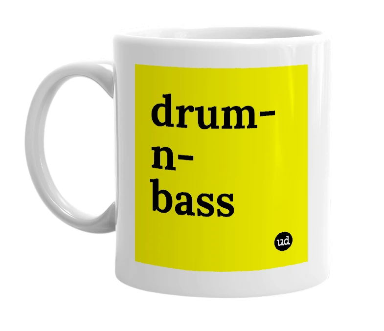 White mug with 'drum-n-bass' in bold black letters