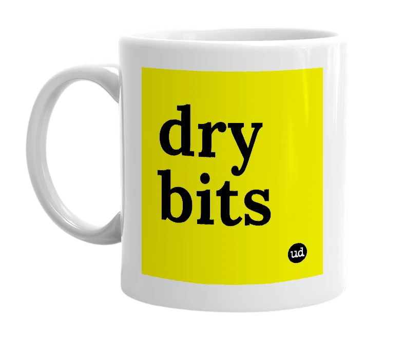 White mug with 'dry bits' in bold black letters