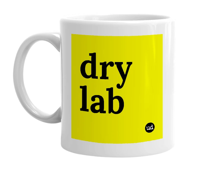 White mug with 'dry lab' in bold black letters