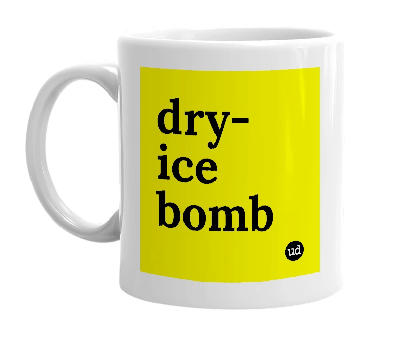 White mug with 'dry-ice bomb' in bold black letters
