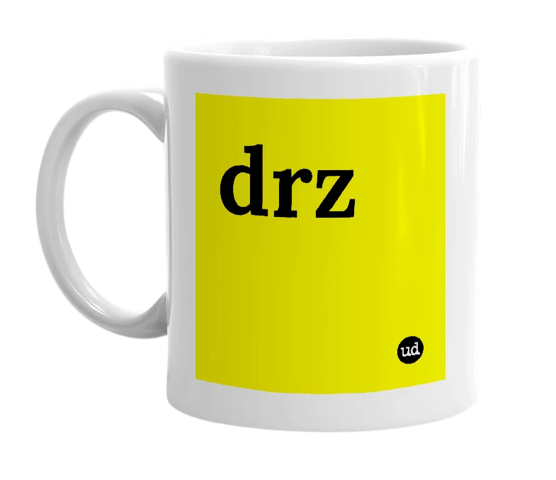 White mug with 'drz' in bold black letters