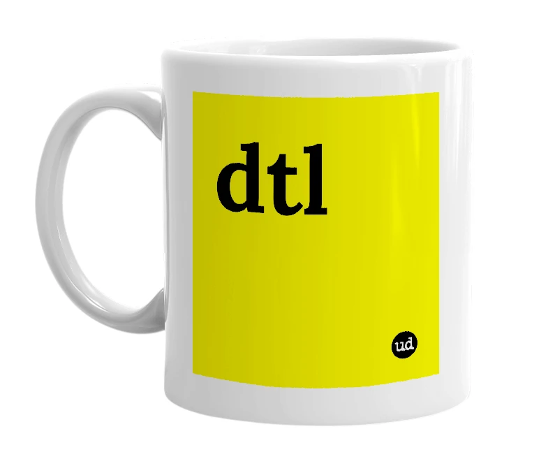 White mug with 'dtl' in bold black letters