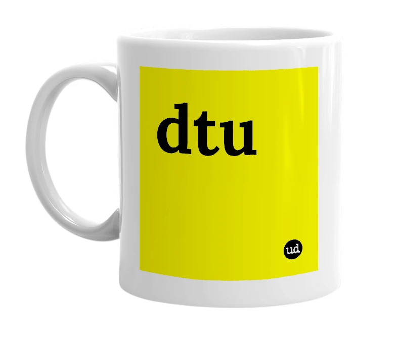White mug with 'dtu' in bold black letters
