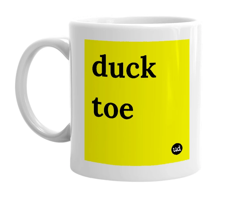 White mug with 'duck toe' in bold black letters
