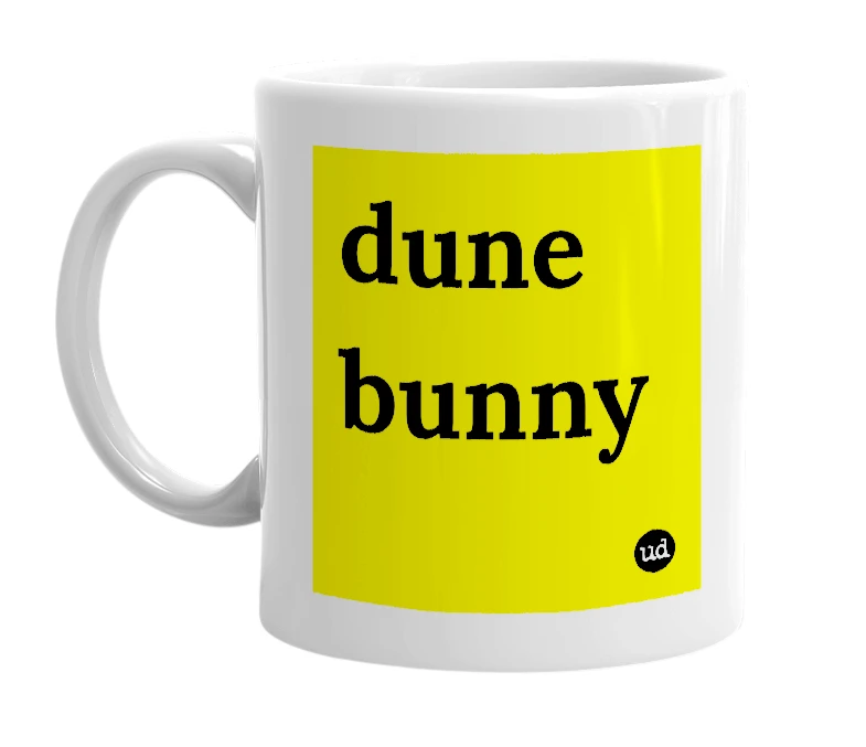 White mug with 'dune bunny' in bold black letters