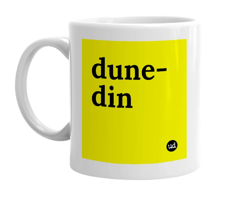 White mug with 'dune-din' in bold black letters