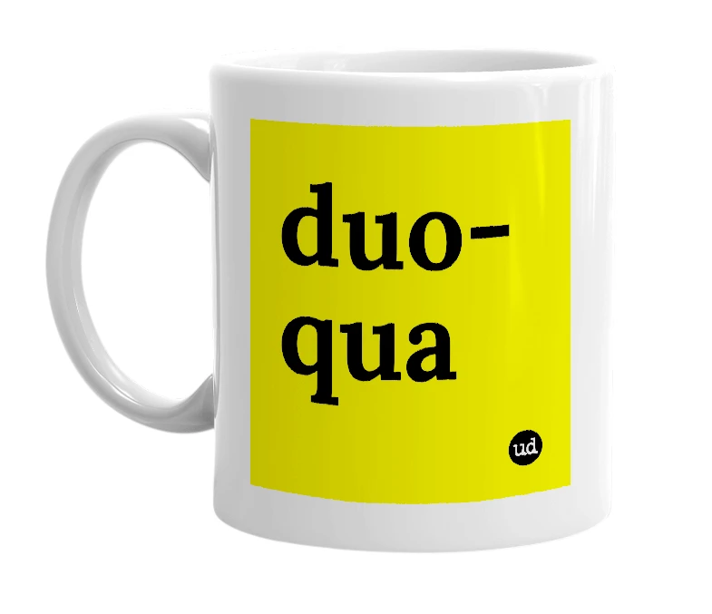 White mug with 'duo-qua' in bold black letters