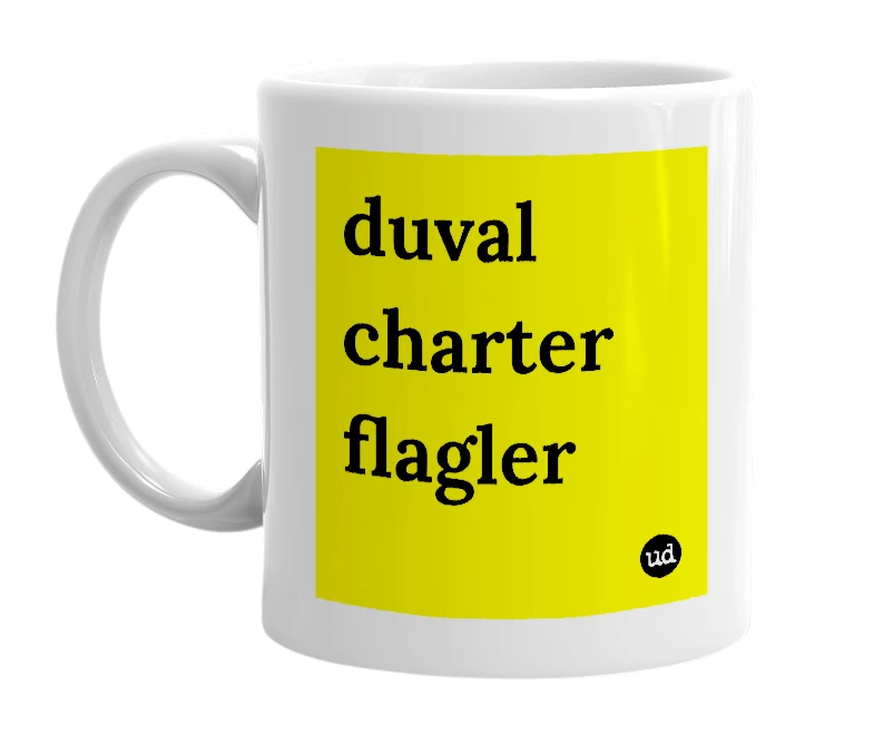 White mug with 'duval charter flagler' in bold black letters