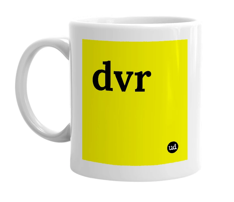 White mug with 'dvr' in bold black letters