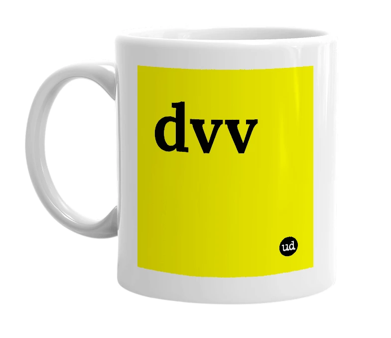 White mug with 'dvv' in bold black letters