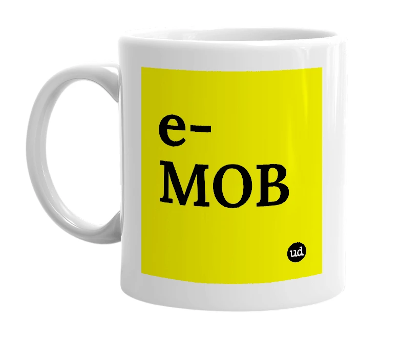 White mug with 'e-MOB' in bold black letters