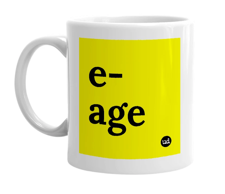 White mug with 'e-age' in bold black letters