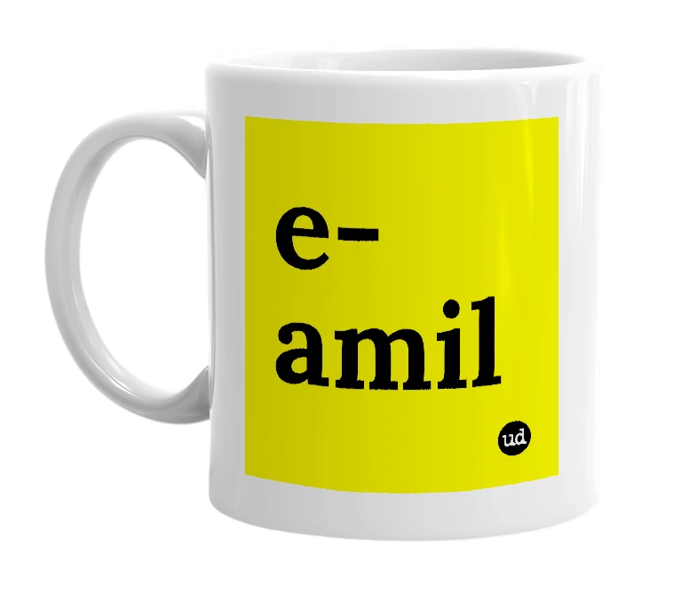 White mug with 'e-amil' in bold black letters