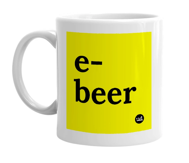 White mug with 'e-beer' in bold black letters