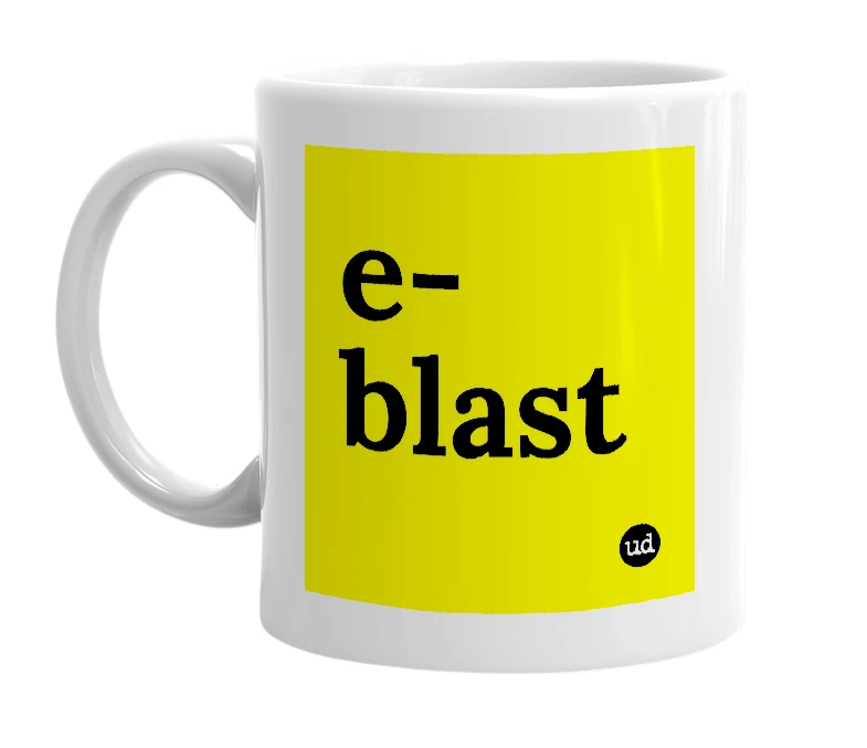 White mug with 'e-blast' in bold black letters