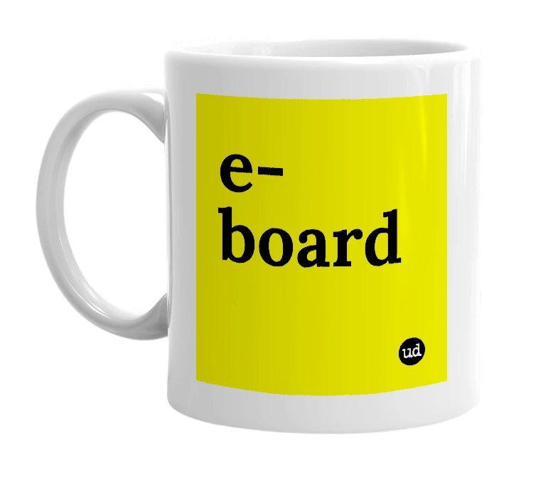 White mug with 'e-board' in bold black letters